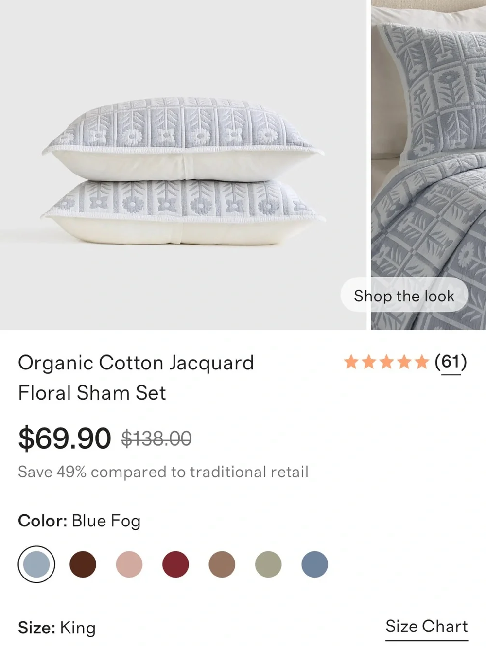 Blue Fog Organic Cotton Jacquard Floral King Sham Set - Retail $70